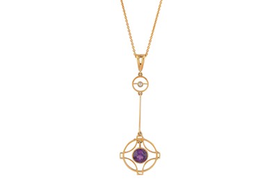 Lot 128 - AN AMETHYST AND SEED PEARL PENDANT NECKLACE