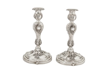 Lot 183 - A pair of Alexander II mid-19th century Russian 84 zolotnik silver candlesticks, Moscow 1871 by J.T.