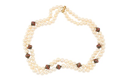 Lot 160 - A TWO-ROW FRESHWATER CULTURED PEARL, RUBY AND DIAMOND NECKLACE