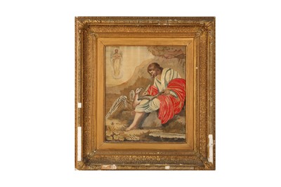 Lot 605 - AN EMBROIDED PANEL DEPICTING A BIBLICAL SCENE, 18TH CENTURY
