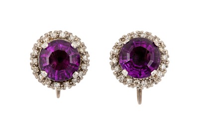Lot 138 - A PAIR OF AMETHYST AND DIAMOND CLUSTER EARRINGS