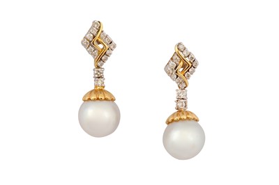 Lot 94 - A PAIR OF DIAMOND AND CULTURED PEARL EARRINGS