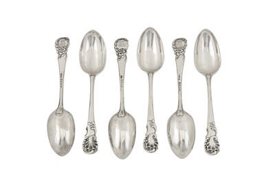Lot 73 - Maharaja Sir Duleep Singh - A set of six Victorian sterling silver dessert spoons, London 1854 and 1874 by George Adams of Chawner and Co