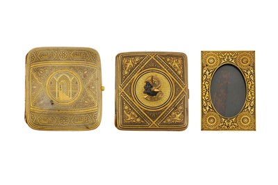 Lot 249 - TWO GOLD-DAMASCENED TOLEDO STEEL CIGARETTE CASES AND A SMALL FRAME