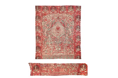 Lot 512 - A JOINED WOODBLOCK-PRINTED INDIAN BED COVER OR HANGING AND MATCHING PELMET