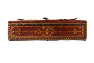 Lot 328 - A POLYCHROME-PAINTED, LACQUERED AND TOOLED LEATHER PORTABLE ESCRITOIRE MADE FOR THE IRANIAN MARKET