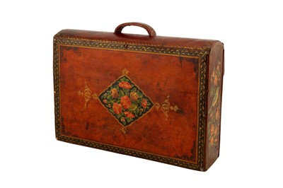 Lot 328 - A POLYCHROME-PAINTED, LACQUERED AND TOOLED LEATHER PORTABLE ESCRITOIRE MADE FOR THE IRANIAN MARKET