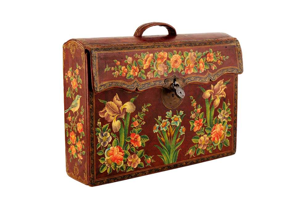 Lot 328 - A POLYCHROME-PAINTED, LACQUERED AND TOOLED LEATHER PORTABLE ESCRITOIRE MADE FOR THE IRANIAN MARKET