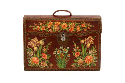 Lot 328 - A POLYCHROME-PAINTED, LACQUERED AND TOOLED LEATHER PORTABLE ESCRITOIRE MADE FOR THE IRANIAN MARKET