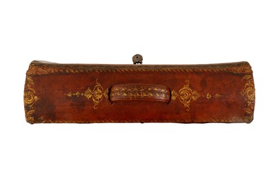 Lot 328 - A POLYCHROME-PAINTED, LACQUERED AND TOOLED LEATHER PORTABLE ESCRITOIRE MADE FOR THE IRANIAN MARKET