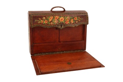 Lot 328 - A POLYCHROME-PAINTED, LACQUERED AND TOOLED LEATHER PORTABLE ESCRITOIRE MADE FOR THE IRANIAN MARKET