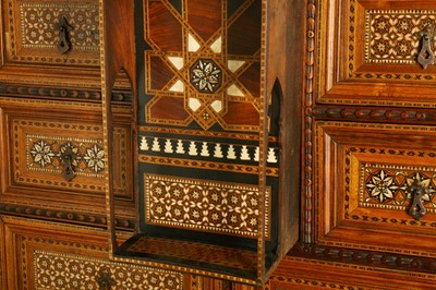 Lot 250 - λ A BONE, IVORY AND COLOURED WOOD-INLAID HISPANO-MORESQUE NASRID-REVIVAL CABINET ON STAND