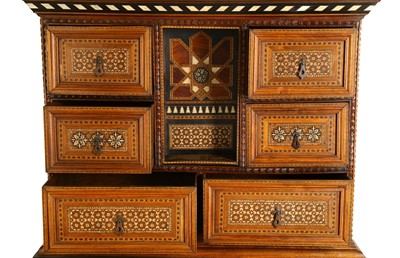Lot 250 - λ A BONE, IVORY AND COLOURED WOOD-INLAID HISPANO-MORESQUE NASRID-REVIVAL CABINET ON STAND