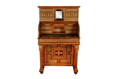 Lot 251 - λ A BONE, IVORY AND STAINED WOOD-INLAID HISPANO-MORESQUE NASRID-REVIVAL ROLL TOP BUREAU