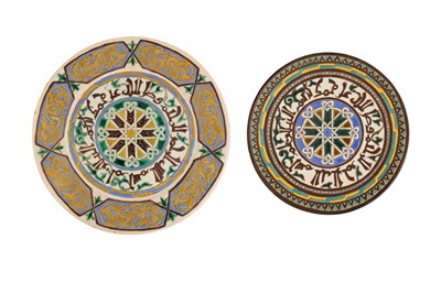 Lot 210 - TWO POLYCHROME-PAINTED CUERDA SECA MOROCCAN POTTERY CHARGERS
