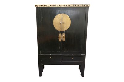 Lot 222 - A CHINESE BLACK LACQUERED MARRIAGE CABINET, 20TH CENTURY