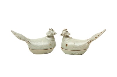 Lot 853 - A PAIR OF CHINESE CELADON-GLAZED 'CHICKEN' BOXES AND COVERS