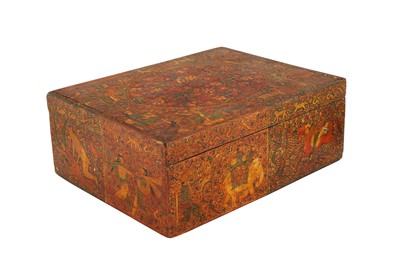 Lot 501 - A KASHMIRI GILT AND LACQUERED PAPIER-MÂCHÉ LIDDED BOX WITH FIGURAL DECORATION