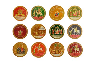 Lot 507 - A SET OF POLYCHROME-PAINTED AND LACQUERED NINETY-SIX GANJIFA PLAYING CARDS WITH LIDDED BOX