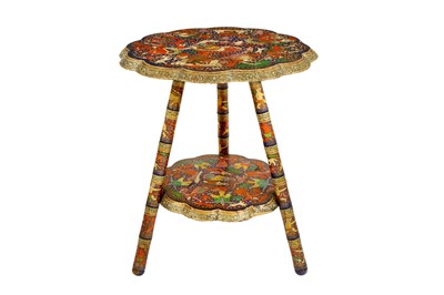 Lot 499 - A POLYCHROME-PAINTED LACQUERED TRIPOD SIDE TABLE WITH HINDU DEITIES AND MYTHICAL CREATURES