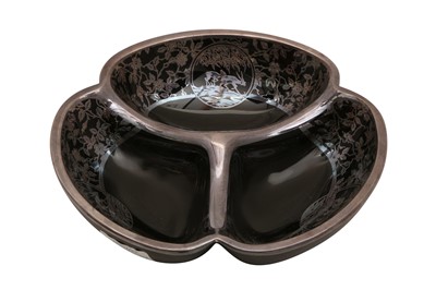 Lot 231 - A BLACK GLASS SECTIONAL BOWL WITH SILVER OVERLAY, 20TH CENTURY