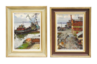 Lot 373 - A PAIR OF POLISH OILS ON BOARD - HARBOUR SCENES