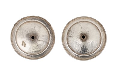 Lot 262 - A PAIR OF LATE 19TH/EARLY 20TH CENTURY EGYPTIAN OR LIBYAN SILVER ROSEWATER SPRINKLERS