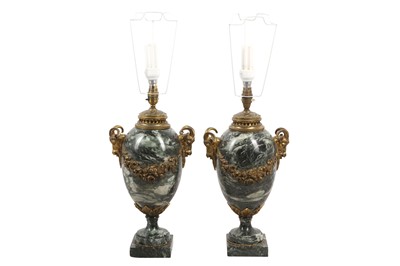 Lot 568 - A PAIR OF LARGE GILT BLUE-VEINED MARBLE LOUIS XVI STYLE LAMPS