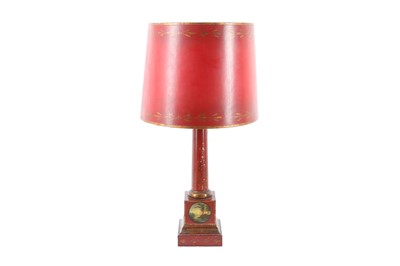 Lot 592 - A REGENCY STYLE RED TOLEWARE TABLE LAMP, EARLY 20TH CENTURY