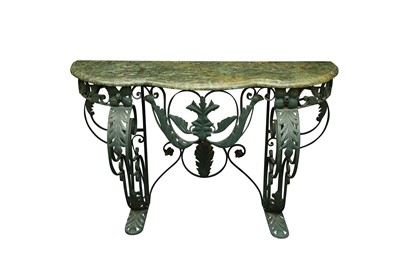 Lot 487 - AN EARLY 20TH CENTURY FRENCH MARBLE AND WROUGHT IRON CONSOLE TABLE