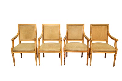 Lot 546 - A SET OF TEN LOUIS XVI STYLE FRENCH BEECHWOOD DINING CHAIRS