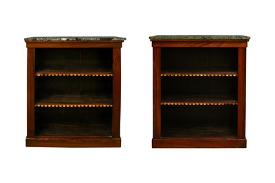 Lot 408 - A GOOD PAIR OF REGENCY PERIOD MARBLE-TOPPED ROSEWOOD OPEN BOOKCASES