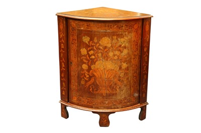Lot 395 - A 19TH CENTURY CONTINENTAL MARQUETRY INLAID BOWFRONT CORNER CUPBOARD