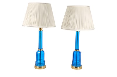 Lot 457 - A PAIR OF MID-CENTURY IMPERIAL BLUE GLASS LAMPS