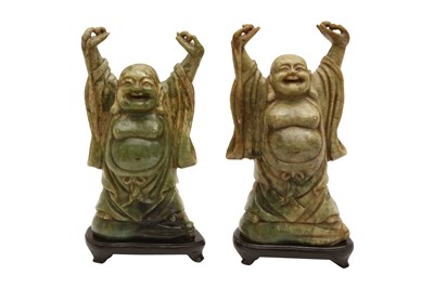 Lot 212 - A PAIR OF CHINESE HARDSTONE BUDDHAS, 20TH CENTURY