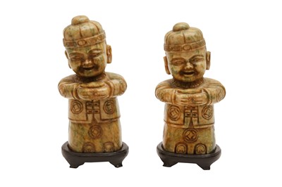 Lot 209 - A PAIR OF CHINESE HARDSTONE CARVINGS OF BOYS, 20TH CENTURY