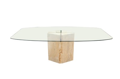 Lot 326 - UNKNOWN (EUROPEAN); A TRAVERTINE MARBLE, BRASS AND GLASS DINING TABLE