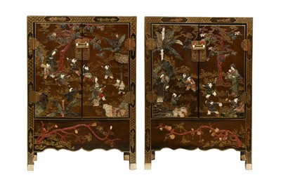 Lot 203 - λ A PAIR OF CHINESE HARDSTONE AND IVORY-INLAID LACQUERED WOOD CABINETS