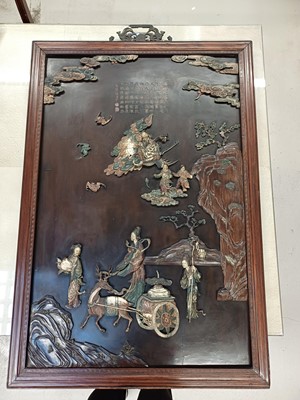 Lot 205 - λ A RARE CHINESE BONE AND IVORY-INLAID HONGMU AND ZITAN 'XIWANGMU' PANEL