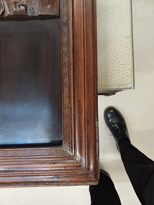 Lot 205 - λ A RARE CHINESE BONE AND IVORY-INLAID HONGMU AND ZITAN 'XIWANGMU' PANEL