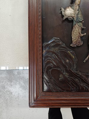 Lot 205 - λ A RARE CHINESE BONE AND IVORY-INLAID HONGMU AND ZITAN 'XIWANGMU' PANEL