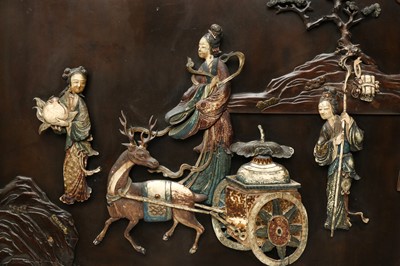 Lot 205 - λ A RARE CHINESE BONE AND IVORY-INLAID HONGMU AND ZITAN 'XIWANGMU' PANEL