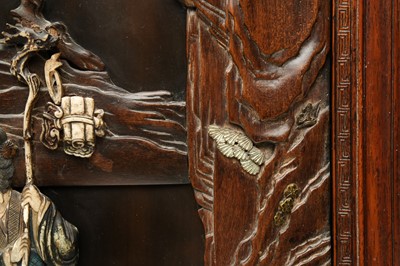 Lot 205 - λ A RARE CHINESE BONE AND IVORY-INLAID HONGMU AND ZITAN 'XIWANGMU' PANEL