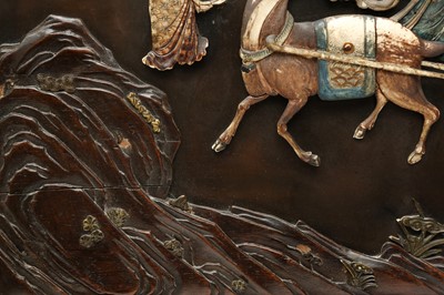 Lot 205 - λ A RARE CHINESE BONE AND IVORY-INLAID HONGMU AND ZITAN 'XIWANGMU' PANEL