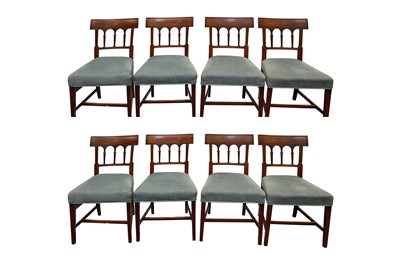 Lot 414 - A SET OF EIGHT 19TH CENTURY SHERATON STYLE MAHOGANY DINING CHAIRS