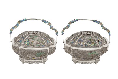 Lot 137 - A pair of mid-19th century Chinese export unmarked silver filigree and enamel baskets, Canton circa 1860