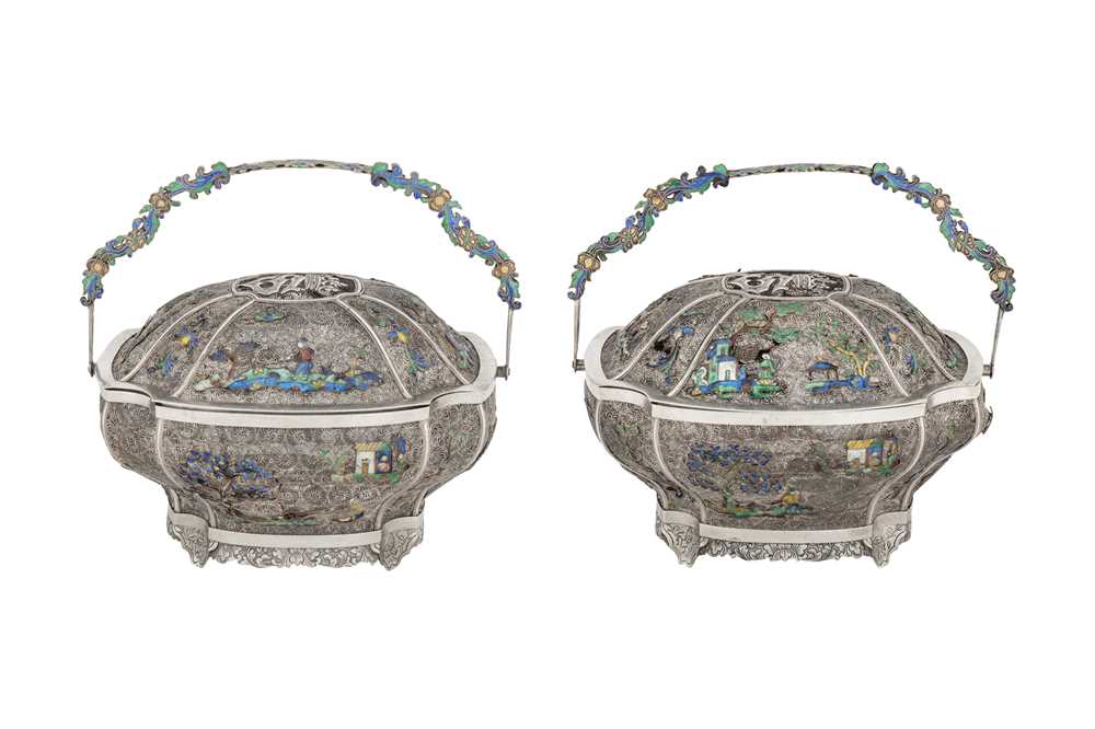 Lot 137 - A pair of mid-19th century Chinese export unmarked silver filigree and enamel baskets, Canton circa 1860