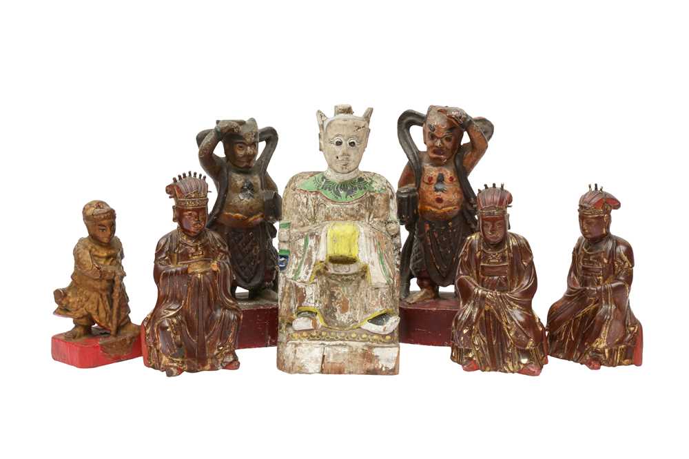 Lot 609 - SEVEN CHINESE LACQUERED WOOD FIGURES