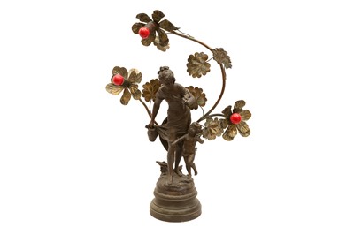Lot 582 - A VICTORIAN BRONZED FIGURAL PARLOR LAMP, AFTER AUGUSTE MOREAU (FRENCH 1834-1917)