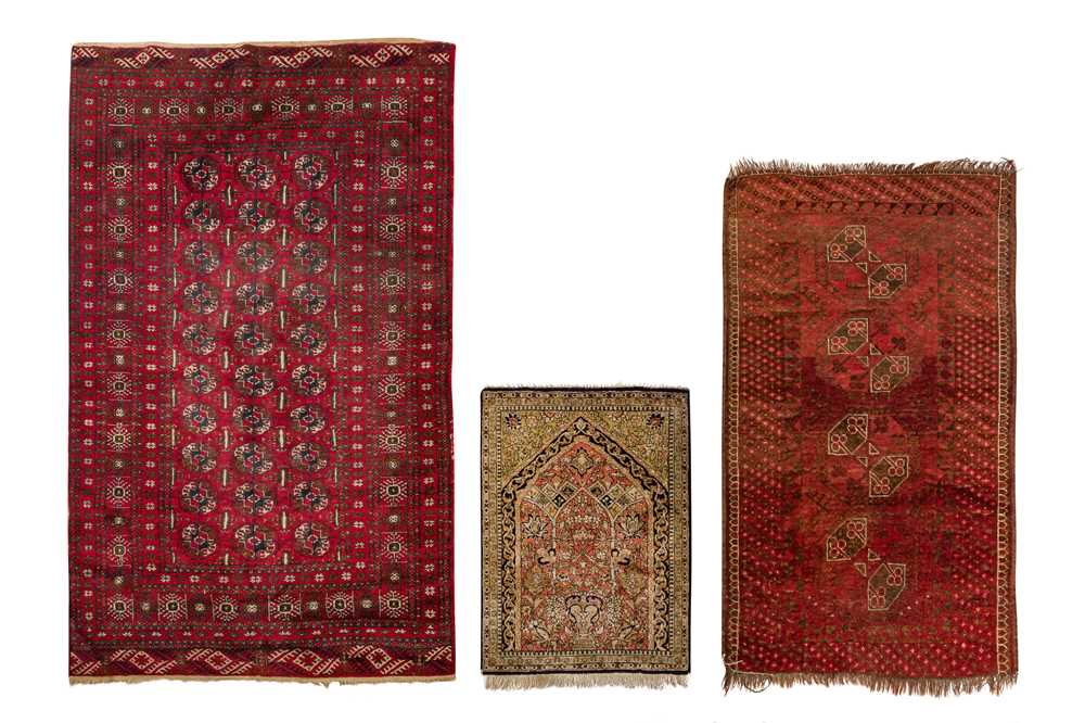 Lot 811 - A FINE SILK PRAYER MAT, AFGHAN RUG AND
